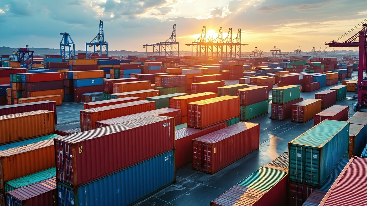 Container yard at sunset with gantry cranes on the horizon